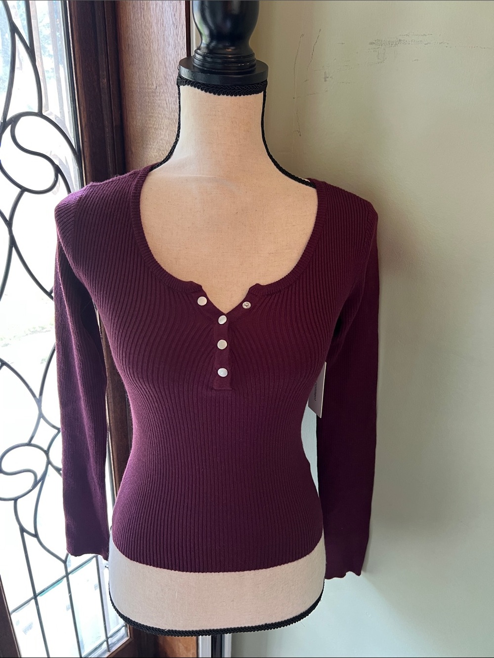No Comment Slim Ribbed Henley Long-Sleeve Top in Plum